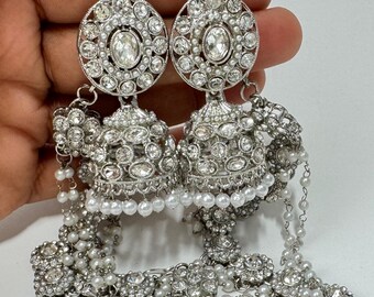 Touchstone Orecchini Sposa Royal Mughal Bahubali Collection - Kundan Polki, Perle Finte E Cristalli, Placcatura Oro Scuro