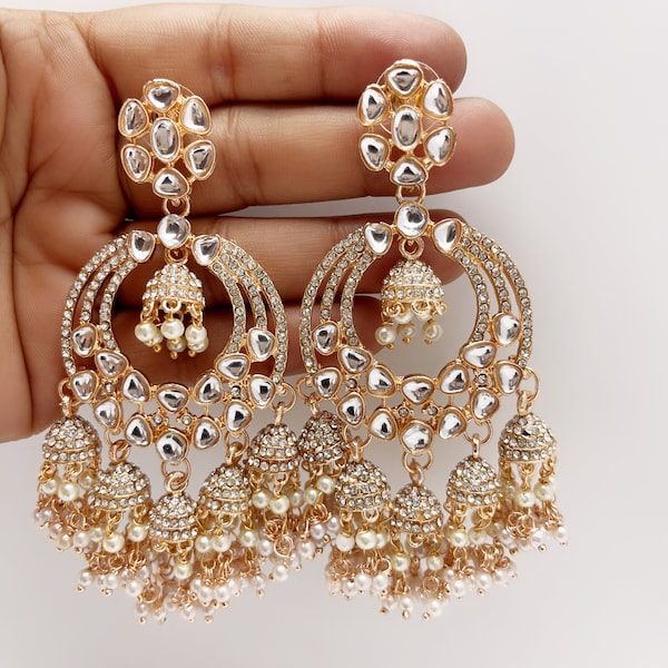 Restcoked Madhuri Dixit inspired chaandbali earrings/Bollywood Kundan Earrings/Indian Earrings/Pakistani/Statement Earrings/Long chandelier