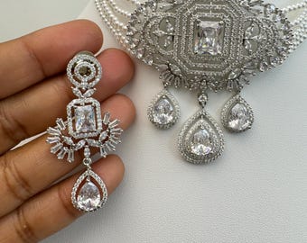 White Pearl Choker Necklace Set, CZ American Diamond, Indian Bridal Jewelry