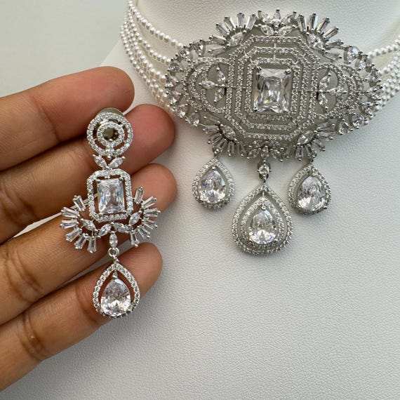 White Pearl American Diamond Choker Necklace/delicate CZ Stones