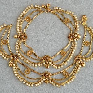 Bridal Gold Plated Moti Payal Anklets, Antique Indian Traditional Jewelry