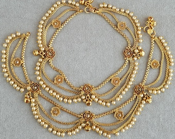 Bridal Gold Plated Moti Payal Anklets, Antique Indian Traditional Jewelry