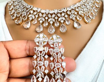 Gold tone American Diamond necklace/Delicate CZ Stones Necklace/Elegant/Unique Jewelry/Indian/Pakistani/Bollywood/Indian Wedding/Bridal