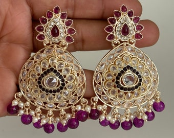 Polki Stone Kundan chandbali Earrings/Kundan Stone Chandbali/Indian Earrings/pearl Earring/Pakistani Earrings/Statement Earrings