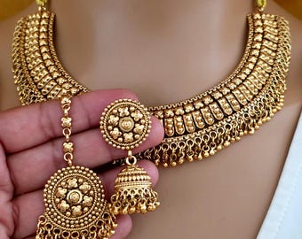 Antik guldhalsband med örhängen och Tikka / Punjabi guldhalsbandset / Sydindiska smycken / Indiskt pakistanskt bröllopshalsband / Present till henne