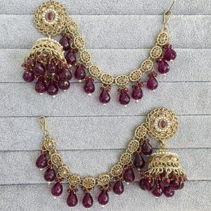 Purple Polki Pearl bahubali jhumka, Kundan jhumnka, bahubali earrings, Pearl jewelry for wedding, indian pakistani jewelry