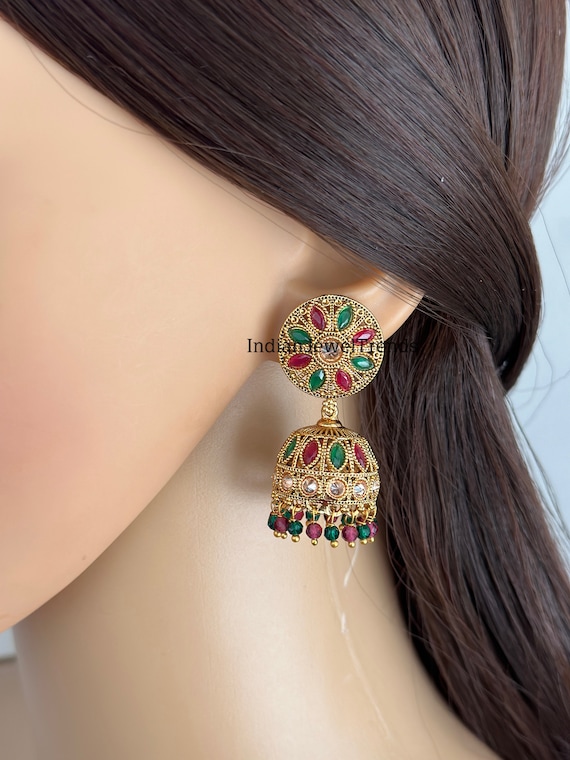 Gold Finished Pippal Patti Kundan Jhumki Earrings by PTJ – Punjabi  Traditional Jewellery