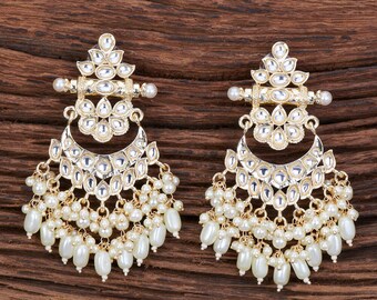 White gold Pearl Kundan Long Earrings, White chandbali earrings, Indian pakistani wedding jewelry, bridesmaid gift