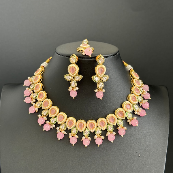 Pink Kundan Necklace Set, Pearl Kundan Choker, Bollywood Jewelry, Indian Pakistani jewelry for wedding