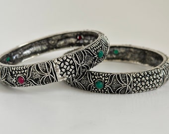 Multicolored Stones Oxidized Silver Bangles(2 Pc)/German Silver/Black Metal/Boho/Tribal/Indian Jewelry/Pakistani Jewelry/Oxidized Bangles