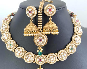 RubyGreen gold Fine Kundan Polki Kundan choker Antique necklace wedding jewelry Indian Jewelry Pakistani Jewelry Wedding necklace Bridal