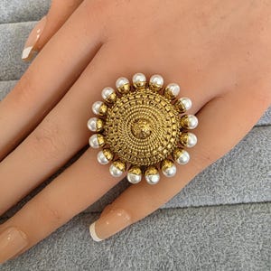 Gold plated Pearl Ring/Adjustable Ring/ Indian Ring/ Pakistani Jewelry/ Indian Jewelry/ Bollywood Jewelry/ Indian Wedding jewelry
