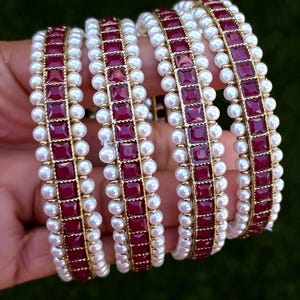 Set of 4 Ruby bangles Antique Polki Kundan Bangle 4Pc Indian bangles Punjabi Pakistani Bridal bangles for Wedding Jewelry, Ruby Pearl bangle