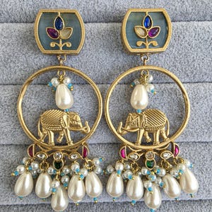 Aqua Amrapali-inspired Long Gold Heritage Elephant Chandbali Indian Earrings, Antique Chand Earring With Gold Plating, Fusion earrings