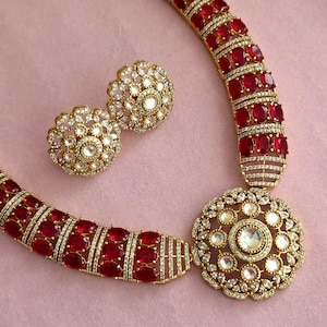 Ruby Red Victorian Moissanite polki Cz diamond Necklace, Indian Bridal Jewelry, Bollywood Sabyasachi Designer necklace, Pakistani Wedding