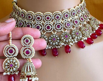 Ruby Antique Polki CZ Stones Choker Necklace, Polk Necklace, Indian jewelry, Pakistani necklace, punjabi necklace, bridal wedding