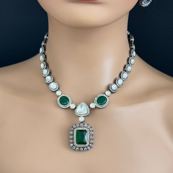 Emerald Green Victorian uncut polki CZ stone diamond Necklace, Sabyasachi Necklace, Statement Necklace, Semi Precious Designer necklace