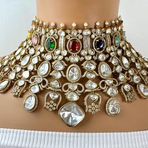 Multi Bridal Mossinate Polki Kundan Victorian Necklace, Sabyasachi Necklace, Wedding necklace, Semi Precious Jewelry, Bollywood Celebrity