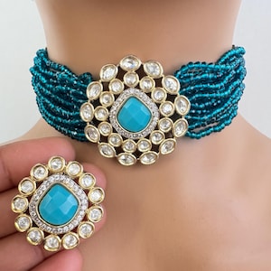 Blue Victorian Fine Kundan Necklace/Kundan Choker/Bollywood Jewelry/Indian wedding/Bridal jewelry/Indian Wedding/Pakistani/Punjabi