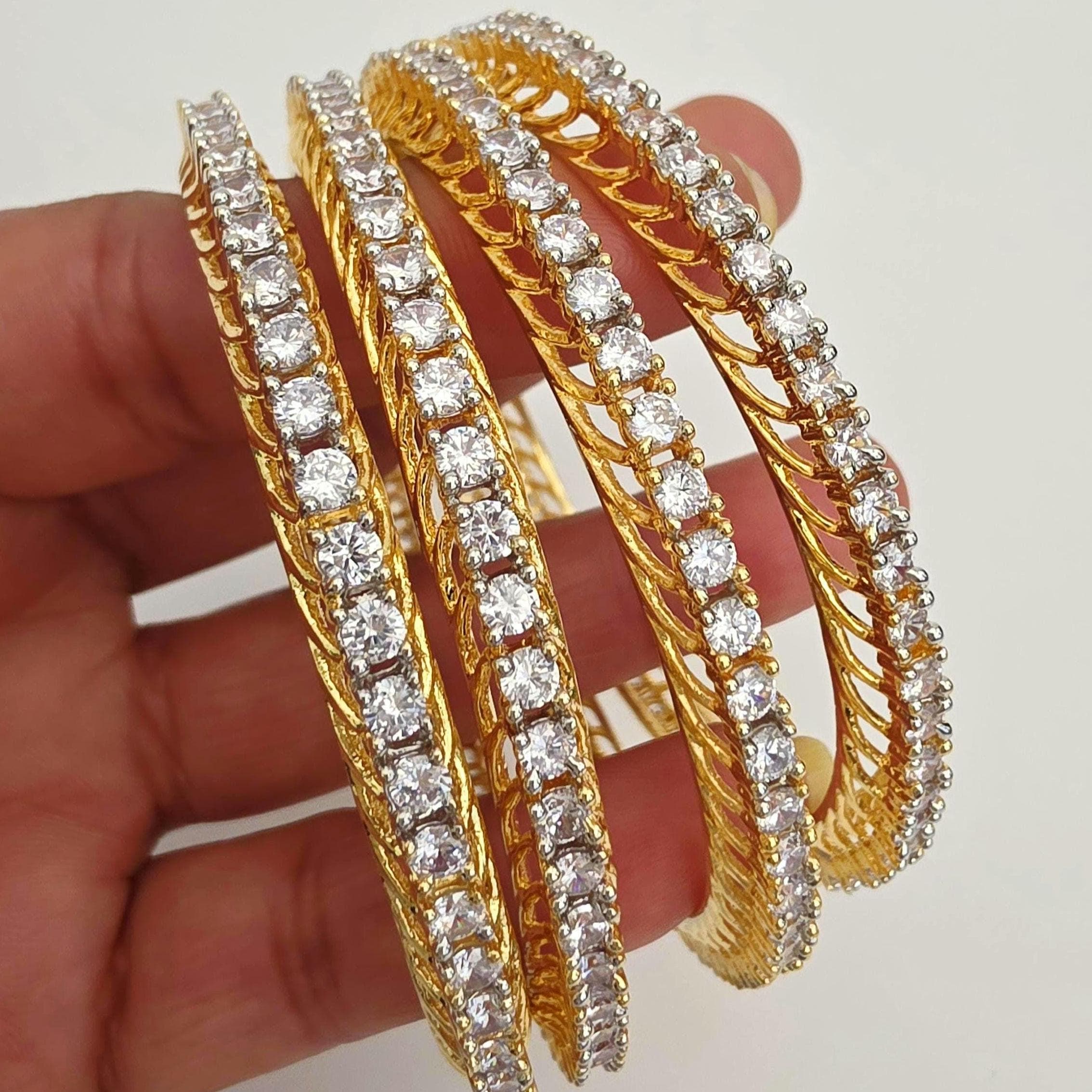★PLOW Spring 4 Stone Bangle Diamond Gold Set of 4 Gold American Diamond Bangles /CZ Bangles/bracelet/indian