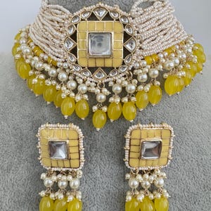 Yellow Meenakari Pearl Kundan Choker Necklace/Traditional Ethnic Jewelry/Kundan Jewelry Set/Indian Pakistani wedding Jewelry