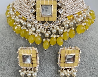 Yellow Meenakari Pearl Kundan Choker Necklace/Traditional Ethnic Jewelry/Kundan Jewelry Set/Indian Pakistani wedding Jewelry