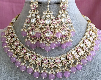 Lavendel Kundan Halskette Set, Perle Kundan Choker, Bollywood Schmuck, indische pakistanische Schmuck für die Hochzeit