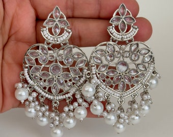 Silver Polki Pearl Stone Kundan Earrings/Kundan Stone Chandbali/Indian Earrings/pearl Earring/Pakistani Earrings/Statement Earrings