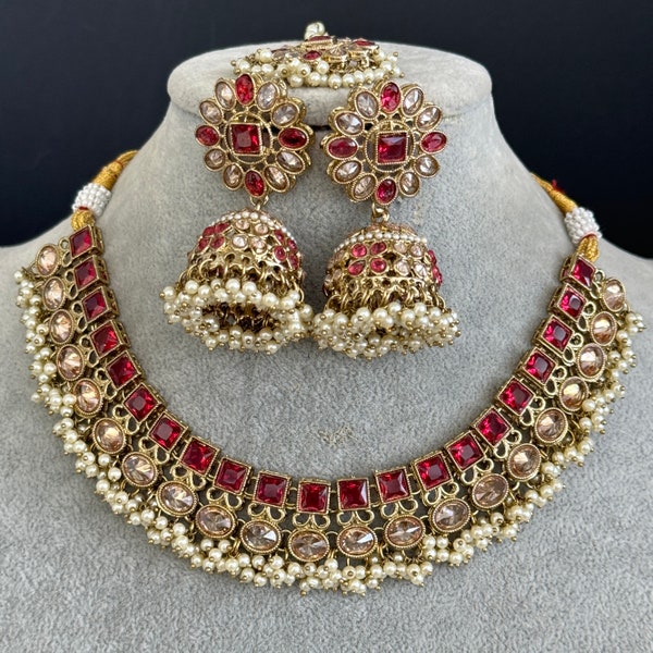 Ruby Red Antique Polki Kundan necklace/Statement necklace Set/Indian Jewelry/Pakistani Jewelry set/Wedding necklace/Bridal necklace/Indian