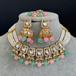 MintPink Kundan Choker Necklace Set, Pearl Kundan Choker, Bollywood Jewelry, Indian Pakistani jewelry for wedding