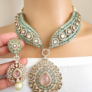 Victorian Mint Pink Doublet Moissanite Kundan Statement Necklace, Sabyasachi Inspired Necklace,Designer necklace,Indian Pakistani Jewelry