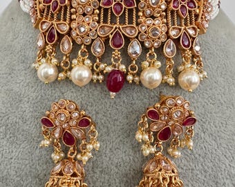 Ruby Polki Pearl Kundan Choker Set/Kundan Choker/ Bollywood Jewelry/ Indian Pakistani necklace/Punjabi necklace/bridal/Indian wedding