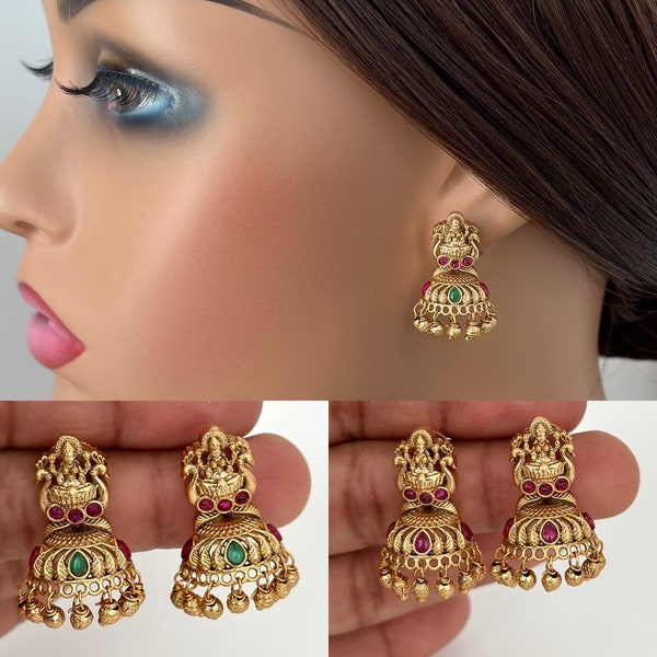 Small Gold plated Laxmi Temple Jhumka Earrings/Indian Jhumkas/Traditional ethnic earrings/South indian earrings/Indian Wedding/Gold jhumka