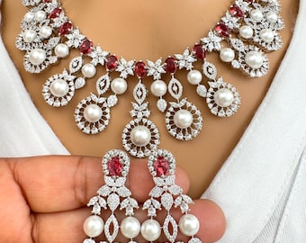 Collier rubis et diamants CZ, bijoux de mariée indiens