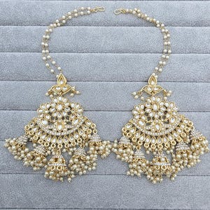 Oversized dull gold Antique finish Bollywood Kundan Earring with sahare /Indian/Punjabi/Pakistani/Statement/Long chandelier/bridal/wedding