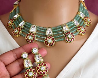 Mint Green Meenakari uncut kundan Cz Pearl Choker necklace,Kundan Gold necklace/Traditional/Ethnic Necklace/Indian Pakistani wedding Jewelry