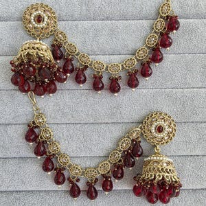 Maroon Polki Pearl bahubali jhumka, Kundan jhumnka, bahubali earrings, Pearl jewelry for wedding, indian pakistani jewelry