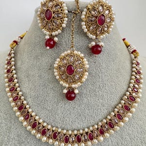 Kundan Necklace, Ruby Polki Choker Set - Antique Bridal Indian Wedding Jewelry, Red Statement