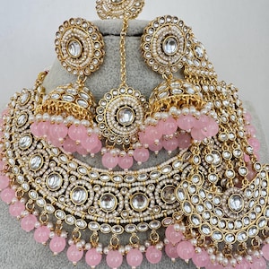 Pink Kundan Necklace Set, Pearl Kundan Choker, Bollywood Jewelry, Indian Pakistani jewelry for wedding
