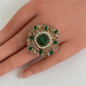 Large Dull Gold Finish Polki Ring/Adjustable Ring/Indian Ring/ Pakistani Jewelry/ Indian Jewelry/Bollywood Jewelry/Indian Wedding jewelry