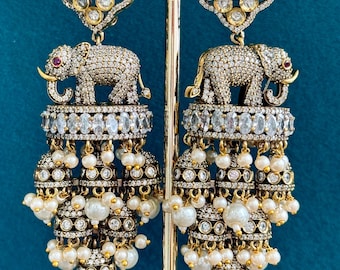 Victorian CZ Diamond Elephant Large Jhumka/Statement Earrings\CZ Indian Jhumka/Pakistani Jewelry/Indian Earring/Indian wedding/Gift for her
