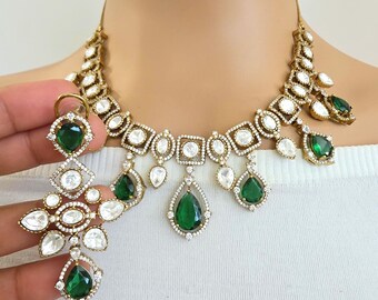 Green Moissanite Kundan Necklace, Victorian Style Indian Jewelry