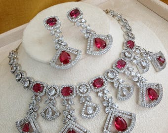 Ruby Silver American Diamond Necklace Set – Elegant Bridal Jewelry