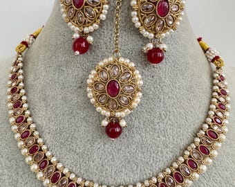Ruby Antique Polki Kundan Indian necklace set for Indian Pakistani Wedding Jewelry, Delicate indian polki necklace , Reverse Ad Stone Set