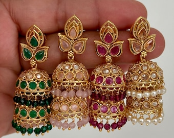 Gold Polki Jhumka, stone Jhumka, Indian Jewelry, Jhumka earrings, Gold earrings, double Jhumka earrings