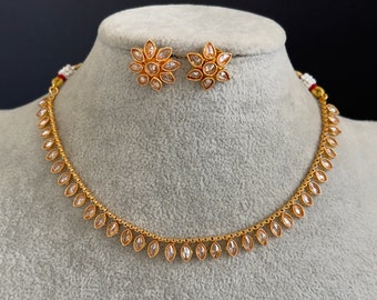 Gold Polki Kundan necklace/South Indian Jewelry/Delicate Necklace/Guttapusalu Necklace/Wedding necklace/Bridal necklace/Indian necklace