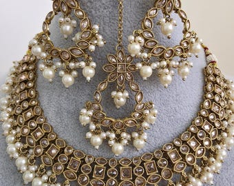 Weisse Antik Polki Kundan Perlenkette, Braut, pakistanischen Schmuck, indischen Hochzeitsschmuck