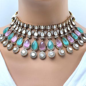 MintPink Bridal Mossinate Polki Victorian Necklace, Sabyasachi Necklace, Wedding necklace,Semi Precious Jewelry,Bollywood Celebrity Necklace