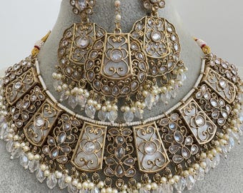 Conjunto de collar antiguo blanco Polki Kundan/collar con anuncio inverso/collar llamativo/collar indio/punjabi/joyería paquistaní/collar de novia/