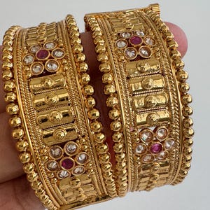 Ruby Polki Gold bangle Pair, Indian bangles,Antique Rajwadi Openable bangles,Temple Jewelry, South indian jewelry, Indian Pakistani bangles